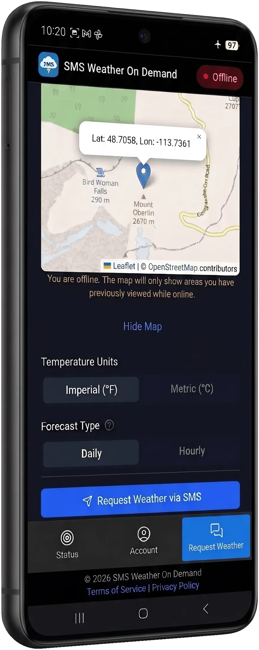 SMS Weather On Demand App on Smartphone